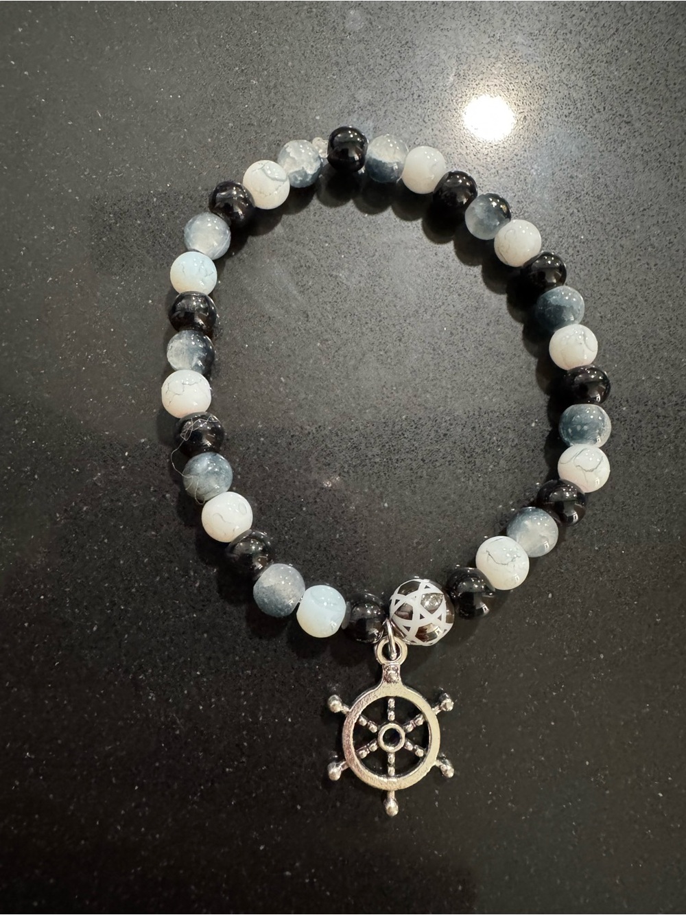 Nautical Wheel Beaded Bracelet - Black & White